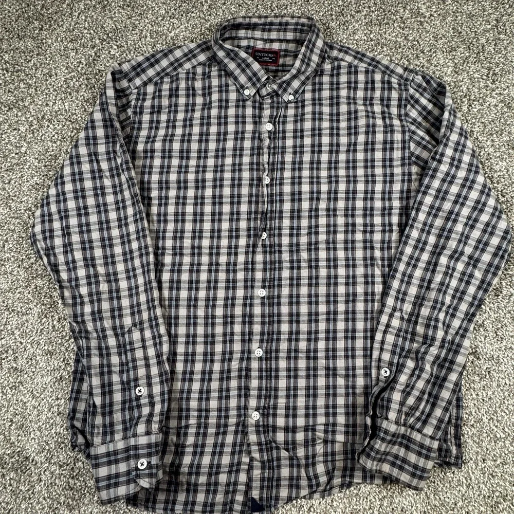 Untuckit Men's L Blue Gray Plaid‎ Cotton Long Sleeve Button Shirt
